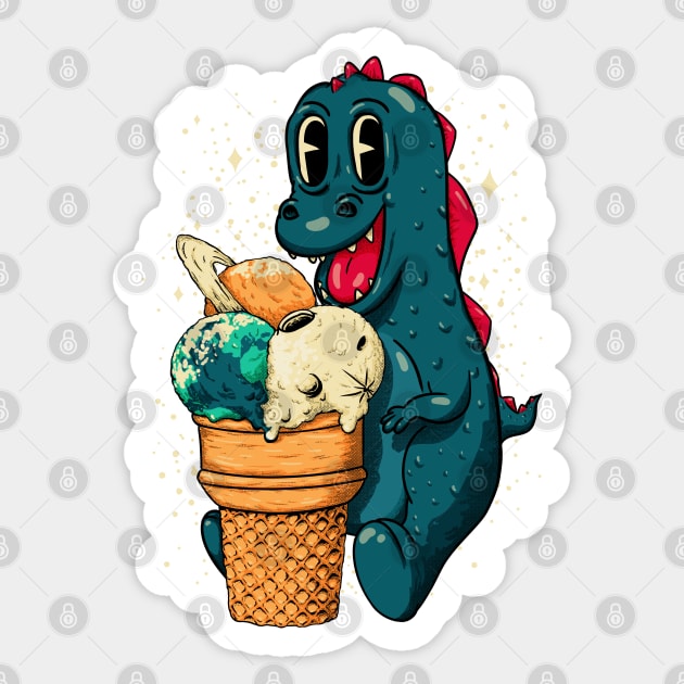 Treat Yo Self - Baby Dino Eating Triple Planet Scoop Ice Cream Cone Sticker by anycolordesigns